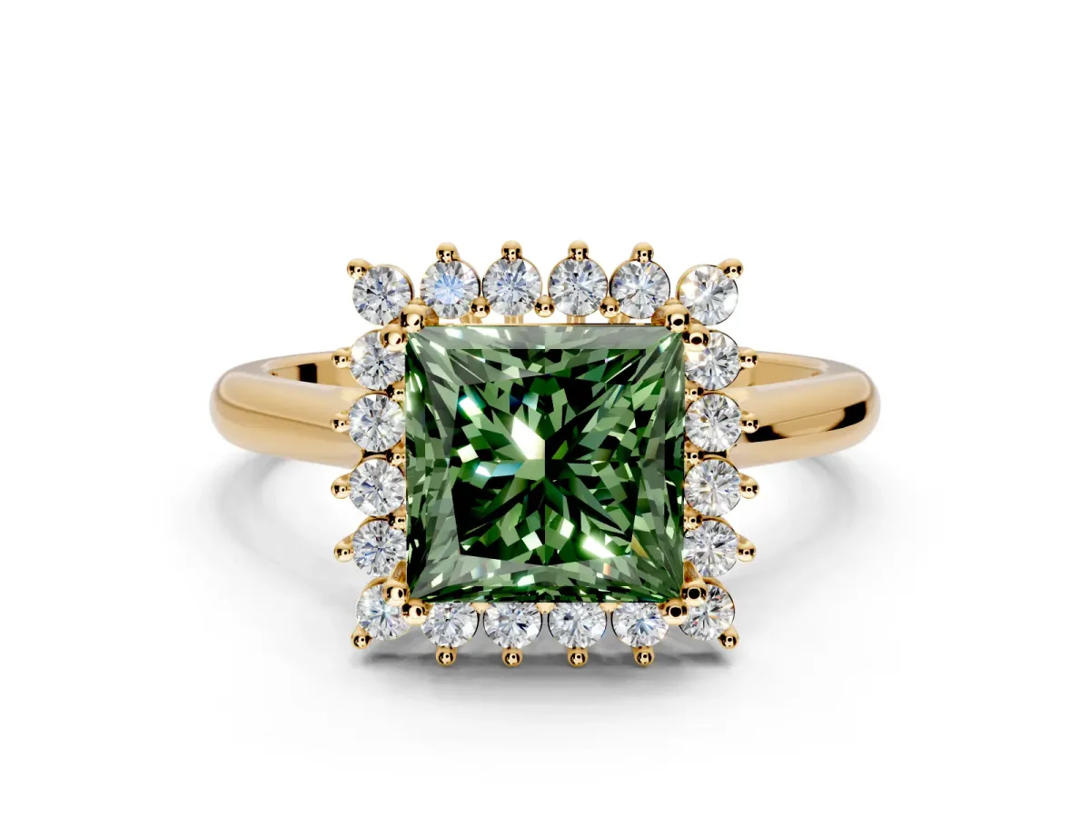 Starburst Halo Engagement Ring Setting for Fancy Green Princess Cut Center with Thin Round-Wire Band and Prong Head in Yellow Gold