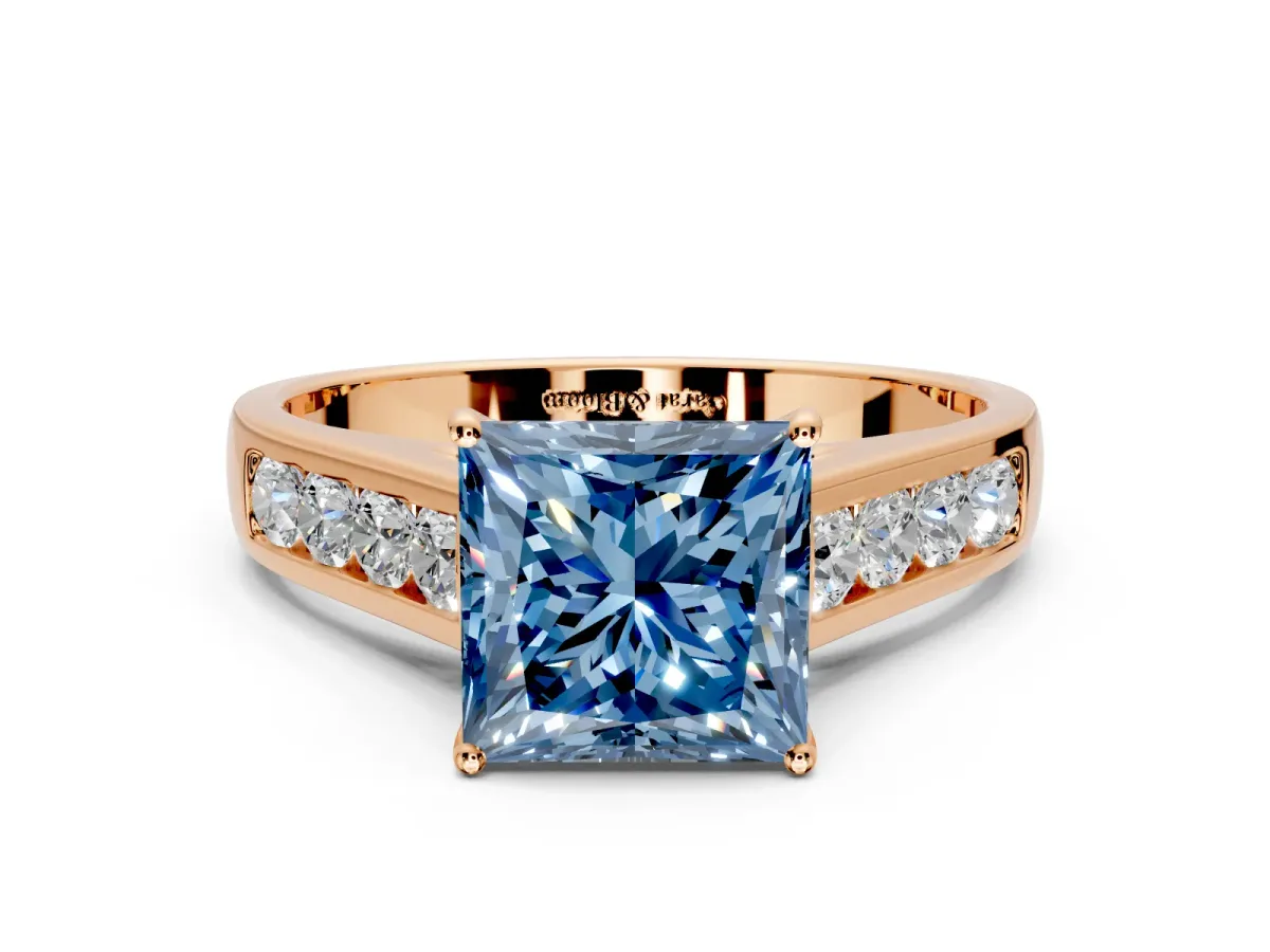 Solitaire Engagement Ring Setting for Fancy Blue Princess Cut Center with Cathedral Channel Band and Prong Head in Rose Gold