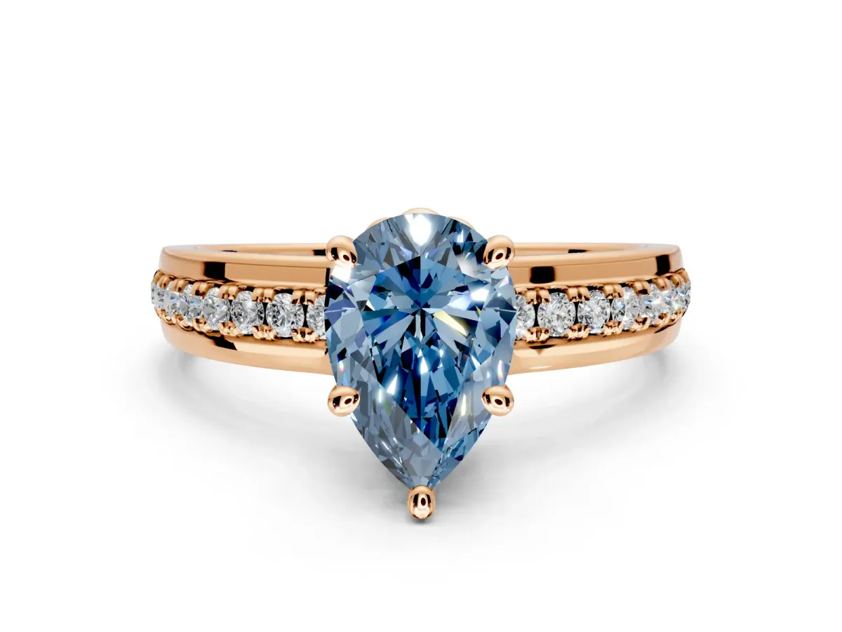 Solitaire Engagement Ring Setting for Fancy Blue Pear-Shaped Center with Raised Channel Band and Prong Head in Rose Gold