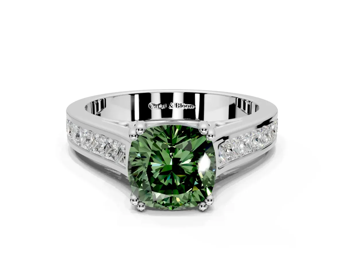 Solitaire Engagement Ring Setting for Fancy Green Cushion Cut Center with Channel Band and Double Claw Prong Head in Sterling Silver
