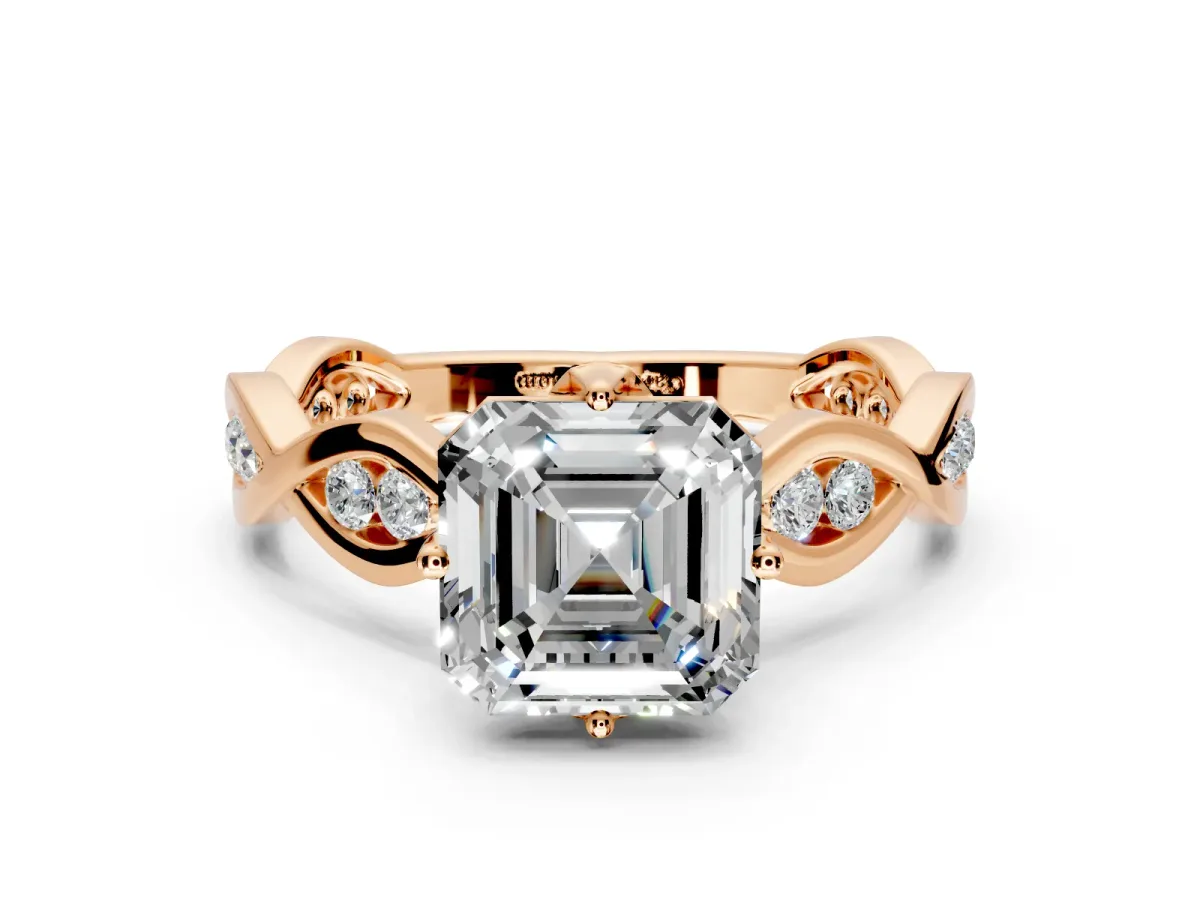 Solitaire Engagement Ring Setting for Asscher Cut Center with Accented Twist Band and Leaf Prong Head in Rose Gold