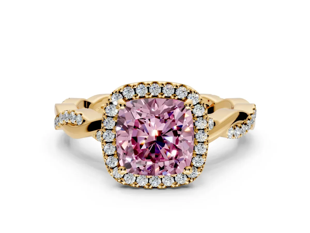 Halo Engagement Ring Setting for Fancy Pink Cushion Cut Center with Pave and Plain Twist Band and Prong Head in Yellow Gold