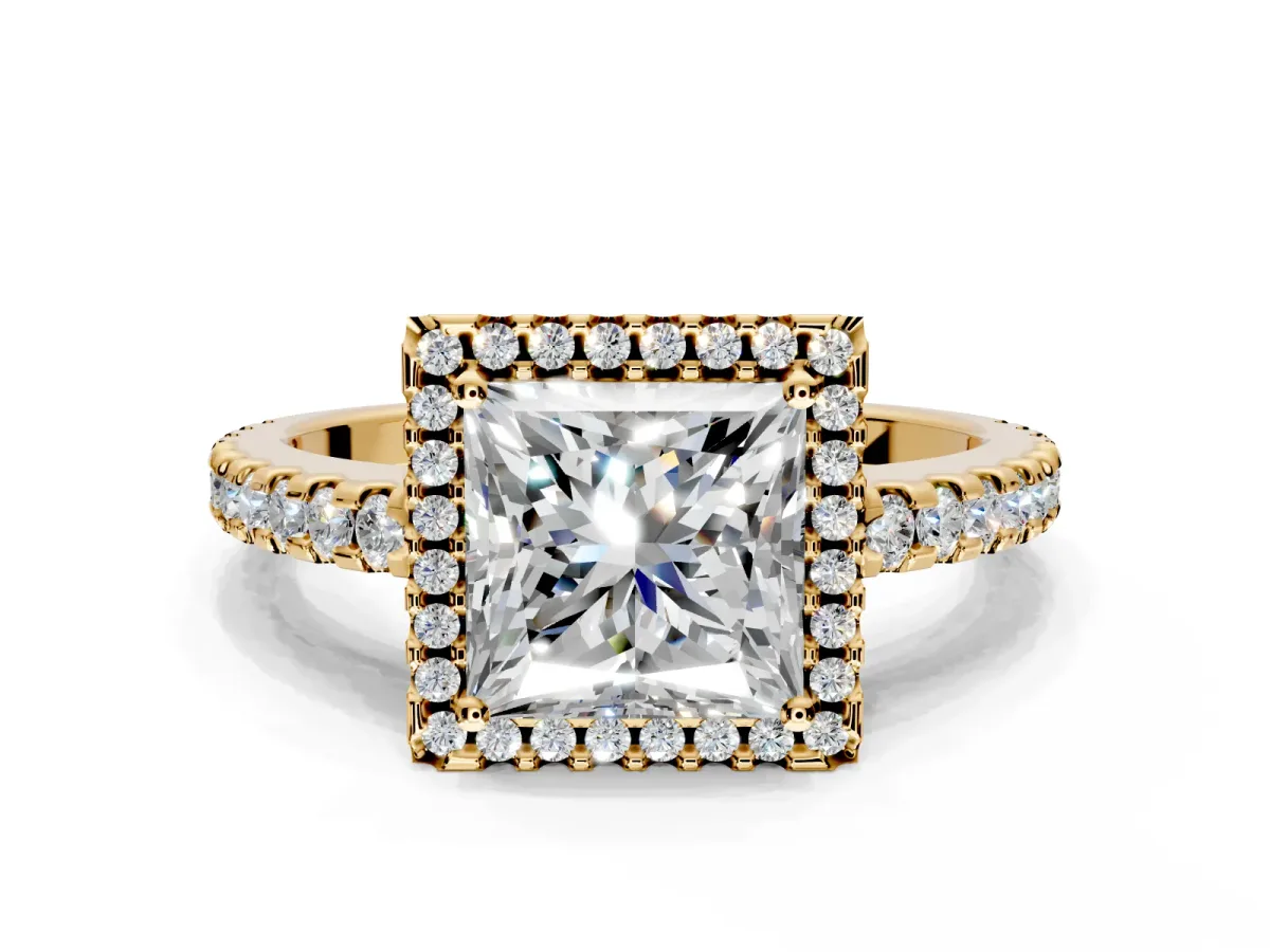 Accent Halo Engagement Ring Setting for Princess Cut Center with Full-Length Pave Band and Prong Head in Yellow Gold