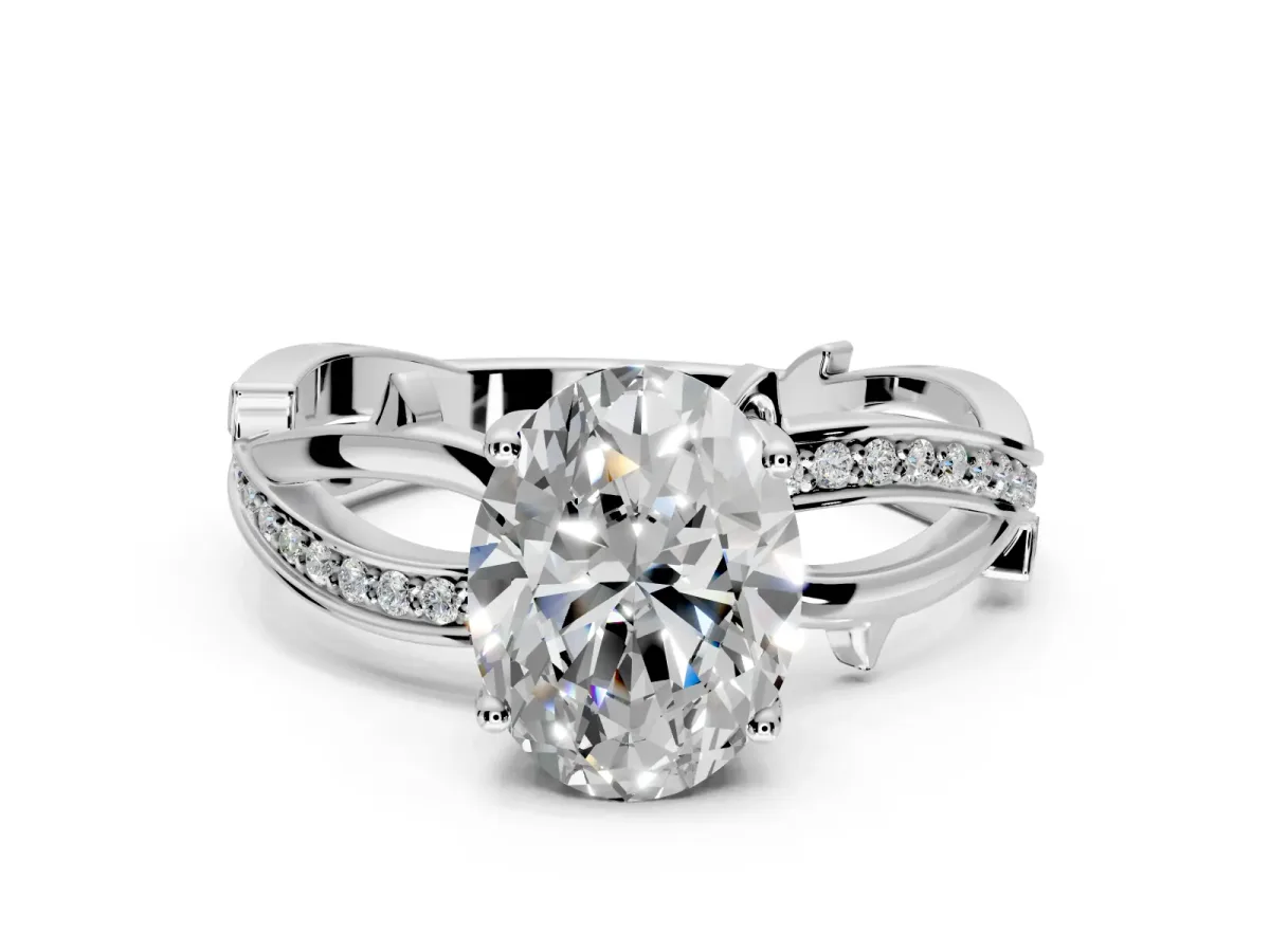 Solitaire Engagement Ring Setting for Oval Center with Pave and Plain Crossover Band and Prong Head in Platinum