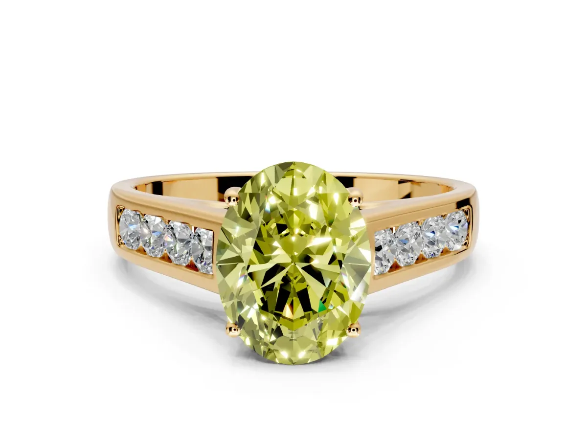 Solitaire Engagement Ring Setting for Fancy Yellow Oval Center with Cathedral Channel Band and Prong Head in Yellow Gold
