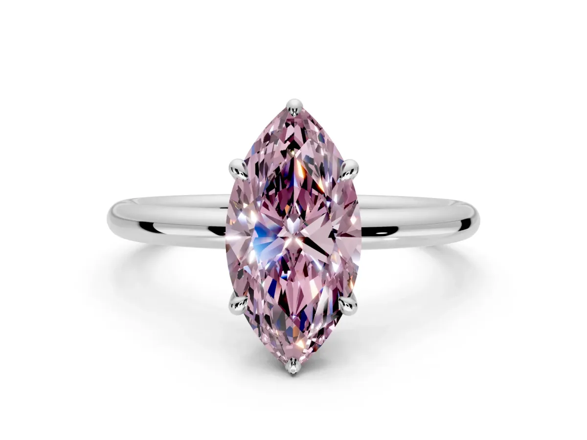 Hidden Halo Engagement Ring Setting for Fancy Pink Marquise Center with Thin Rounded Band and Prong Head in Sterling Silver