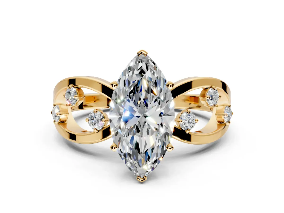 Solitaire Engagement Ring Setting for Marquise Center with Criss-Cross Accent Band and Prong Head in Yellow Gold