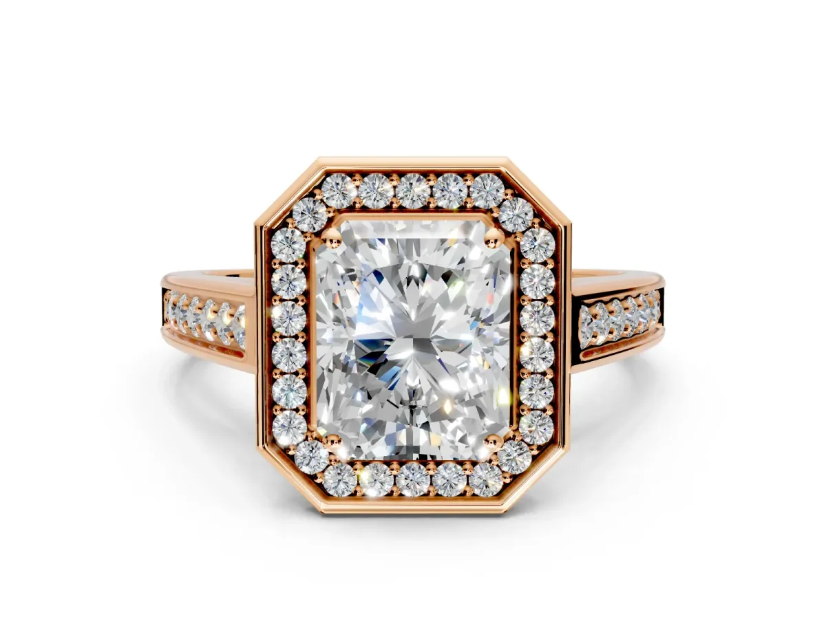 Halo Engagement Ring Setting for Radiant Cut Center with Outer Bezel Rim, Pave Band and Prong Head in Rose Gold
