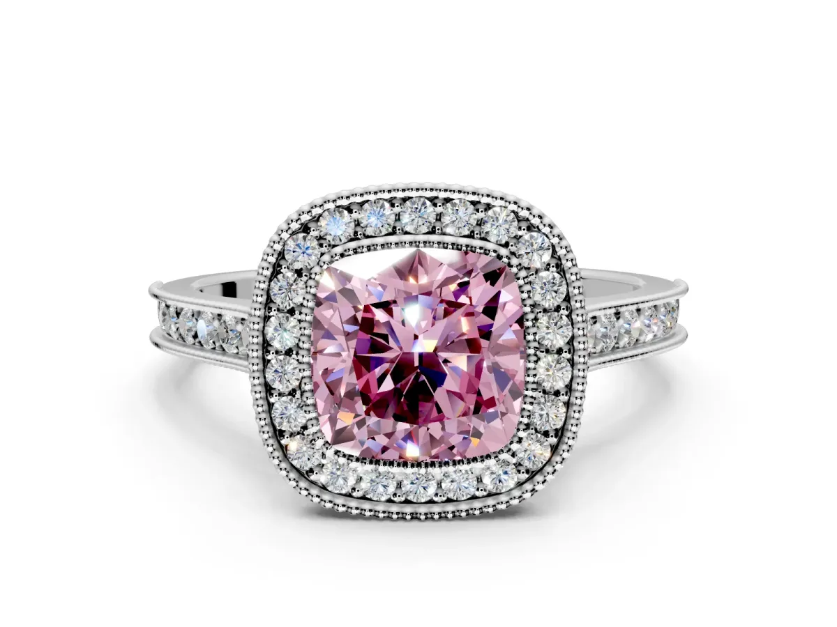 Halo Engagement Ring Setting for Fancy Pink Cushion Cut Center with Milgrain Pave Band and Bezel Head in White Gold