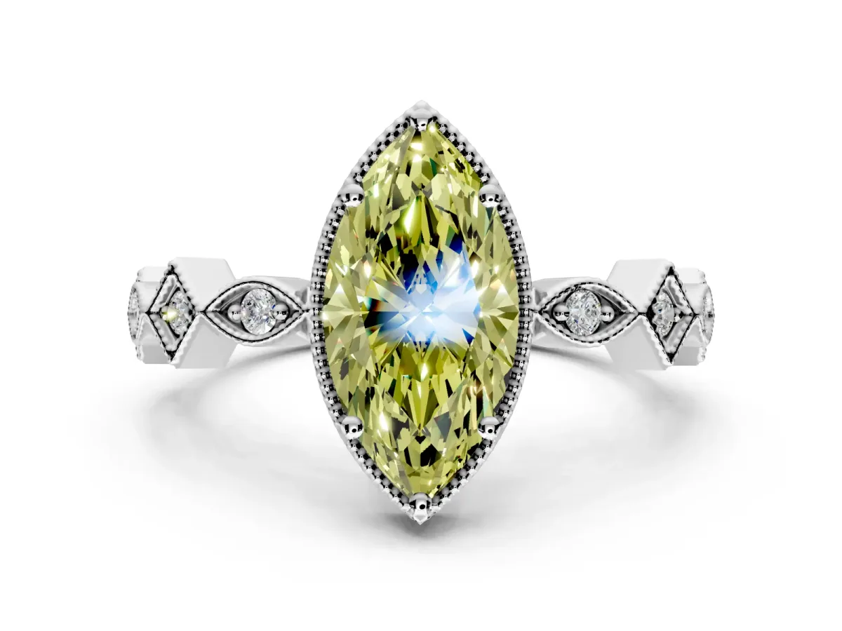 Milgrain Bezel Engagement Ring Setting for Fancy Yellow Marquise Center with Marquise Stations and Bezel Head in Sterling Silver