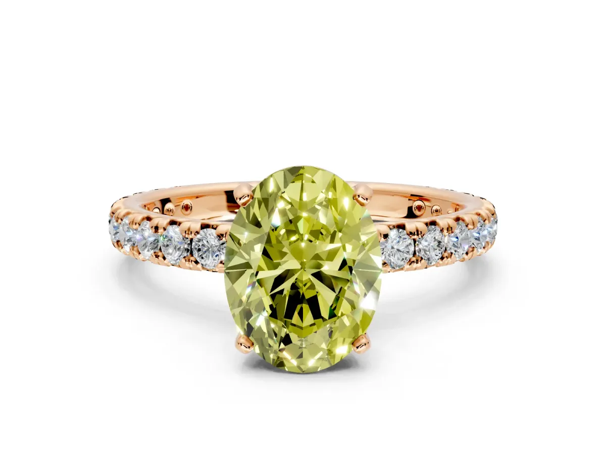 Solitaire Engagement Ring Setting for Fancy Yellow Oval Center with Shared-Prong Accents and Prong Head in Rose Gold
