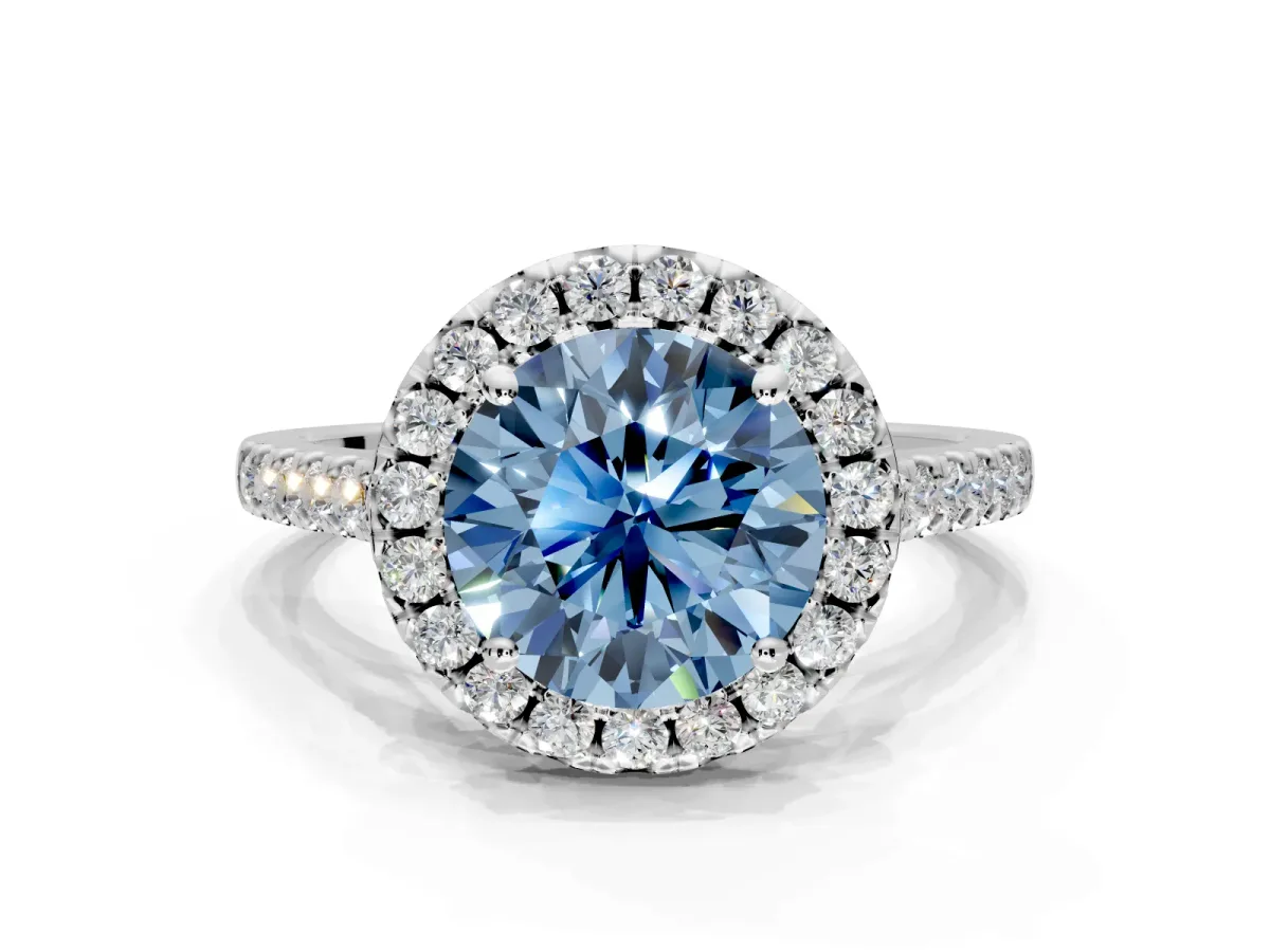 Halo Engagement Ring Setting for Fancy Blue Round Cut Center with Raised Halo, Pave Band and Prong Head in Platinum