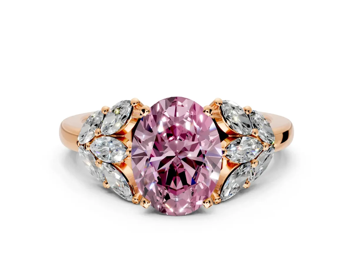 Leaf Cluster Engagement Ring Setting for Fancy Pink Oval Center with Marquise Accents and Prong Head in Rose Gold