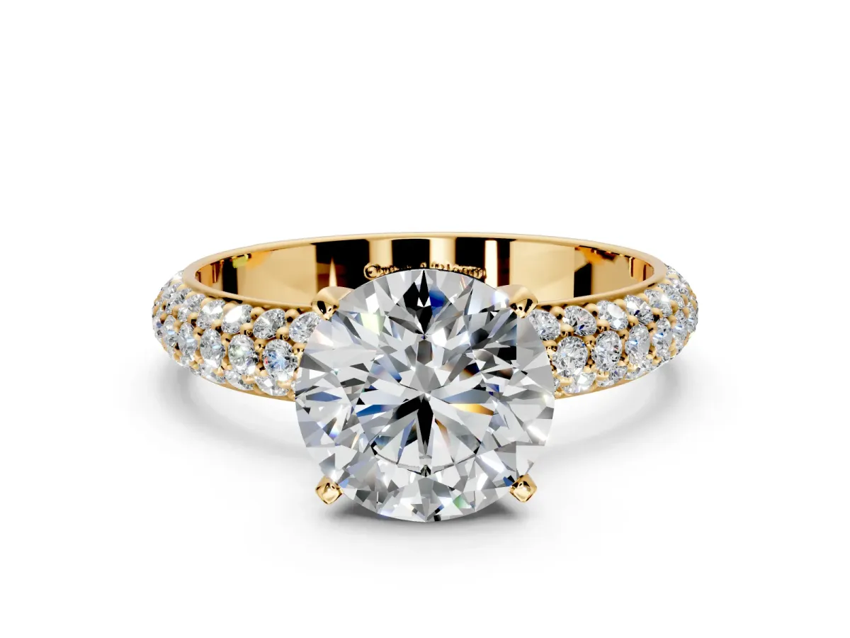 Solitaire Engagement Ring Setting for Round Cut Center with Domed Multi-Row Pave Band and Prong Head in Yellow Gold