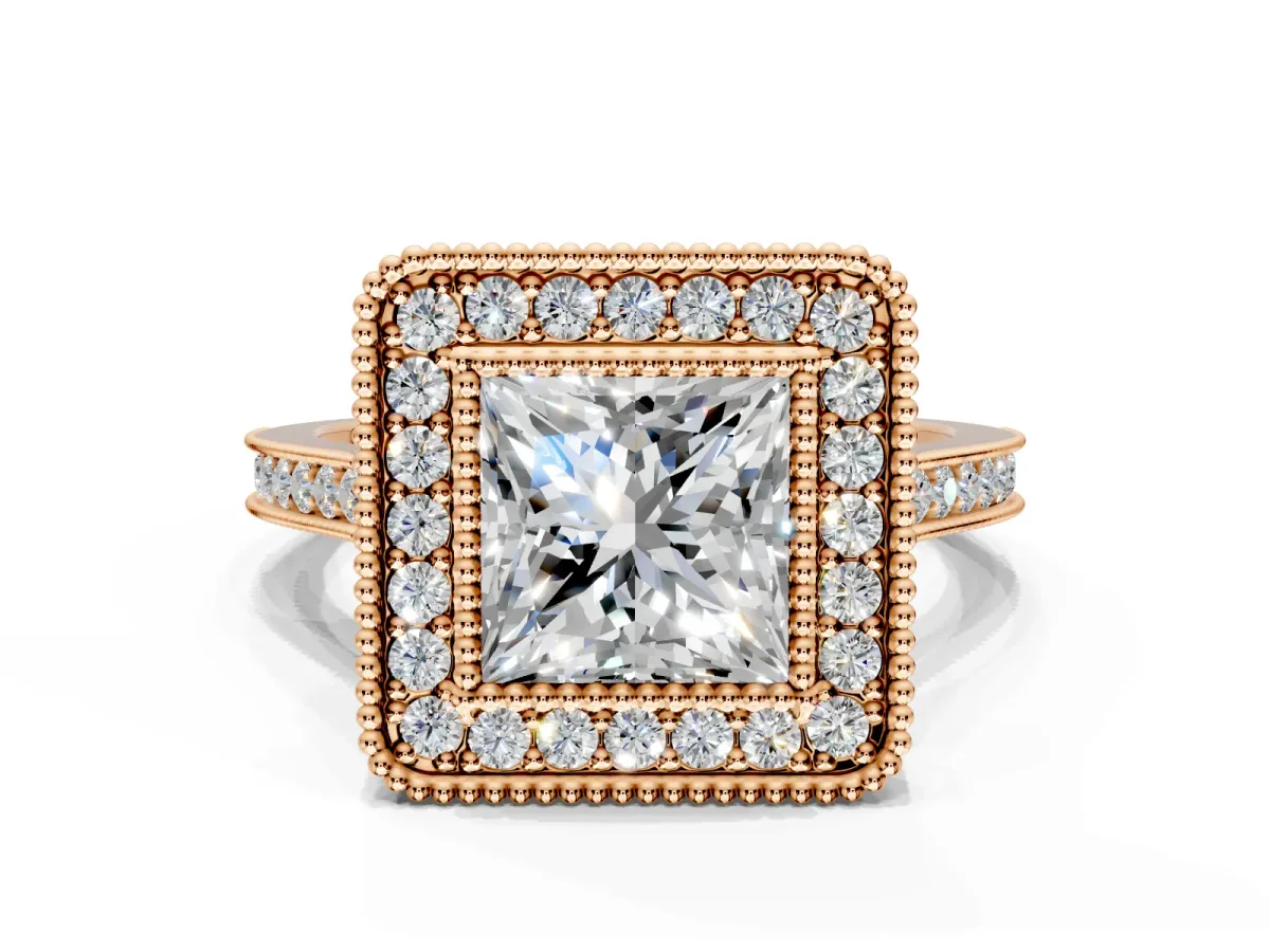 Halo Engagement Ring Setting for Princess Cut Center with Milgrain Frame, Pave Band and Prong Head in Rose Gold