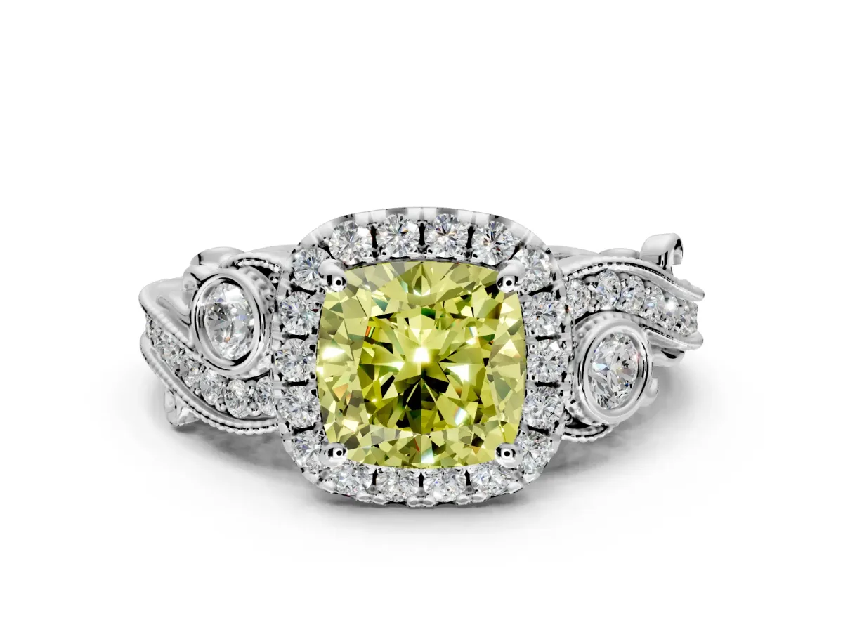 Milgrain Halo Engagement Ring Setting for Fancy Yellow Cushion Cut Center with Shoulder Bezels and Prong Head in White Gold