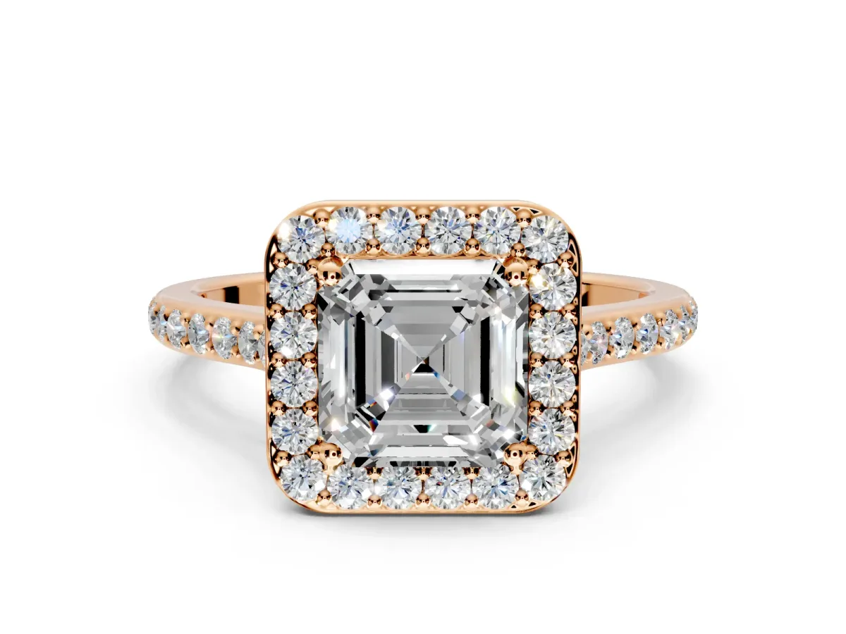 Halo Engagement Ring Setting for Asscher Cut Center with Pave Accents, Heart Basket and Prong Head in Rose Gold