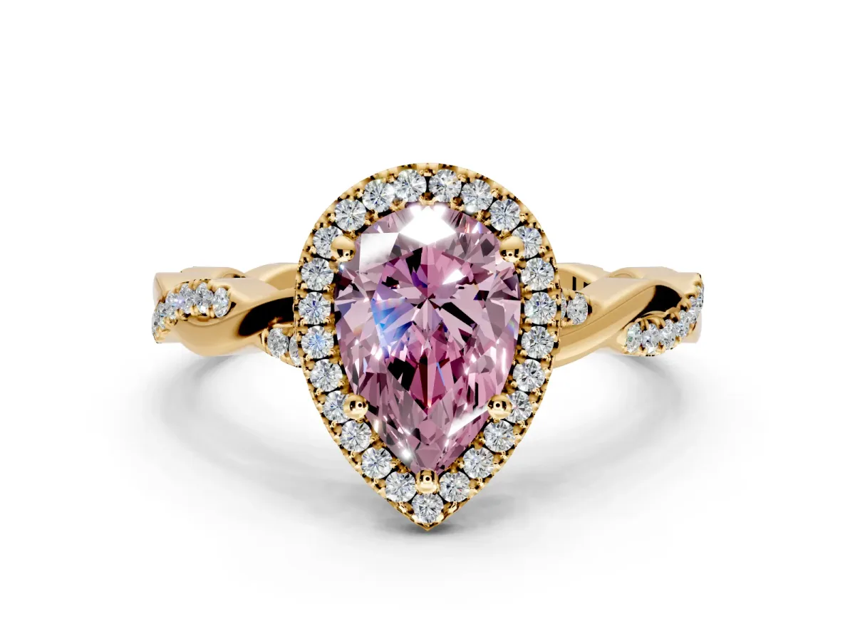 Halo Engagement Ring Setting for Fancy Pink Pear-Shaped Center with Pave and Plain Twist Band and Prong Head in Yellow Gold