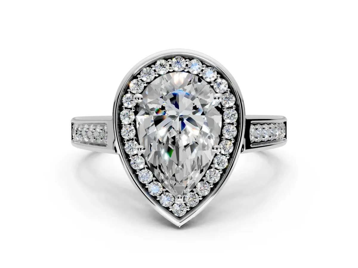 Halo Engagement Ring Setting for Pear-Shaped Center with Outer Bezel Rim, Pave Band and Prong Head in Platinum