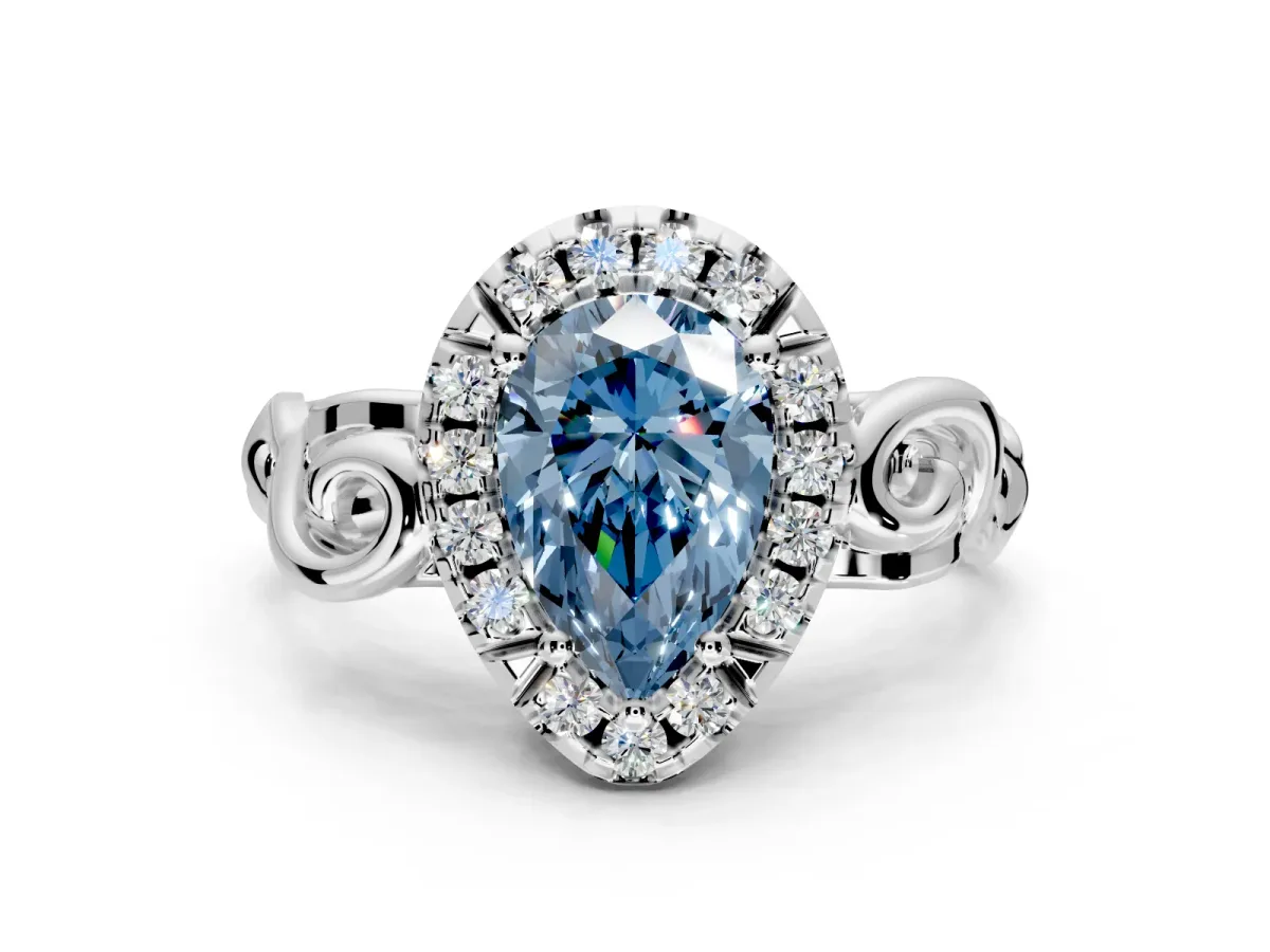 Halo Engagement Ring Setting for Fancy Blue Pear-Shaped Center with Open Scroll Shoulders and Prong Head in White Gold