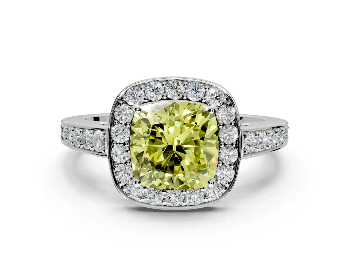 Bezel-Framed Halo Engagement Ring Setting for Fancy Yellow Cushion Cut Center with Pave Band and Prong Head in White Gold