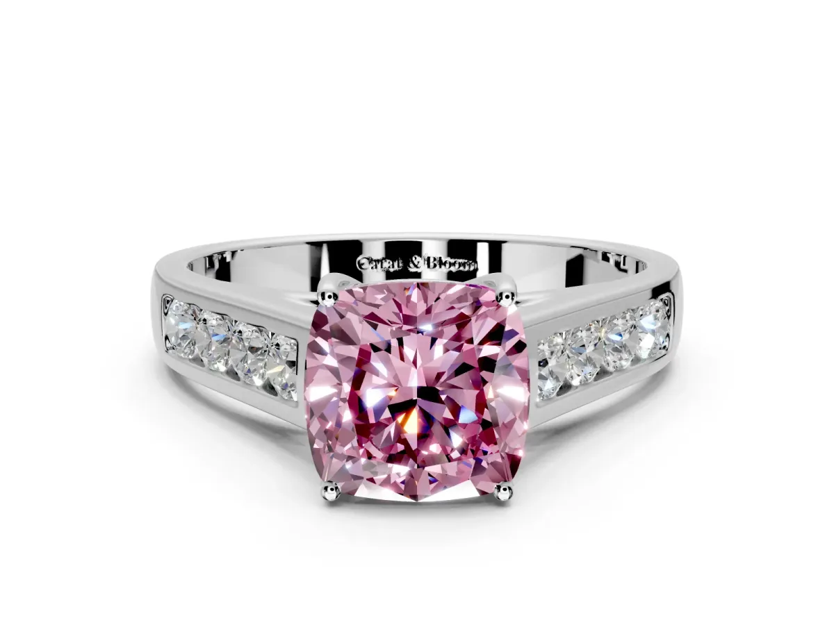 Solitaire Engagement Ring Setting for Fancy Pink Cushion Cut Center with Round Cut Channel Band and Prong Head in White Gold