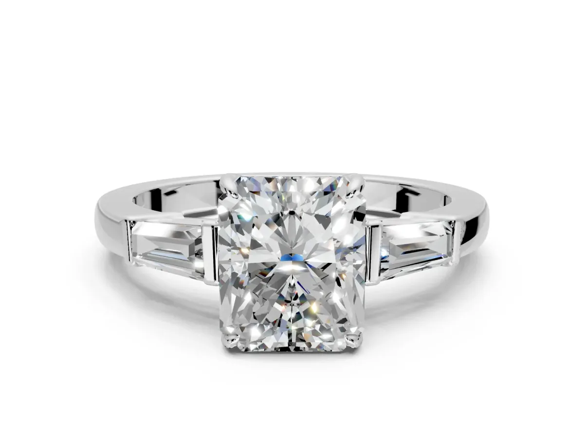 3 Stone Engagement Ring Setting for Radiant Cut Center with Baguette Accents and Prong Head in White Gold