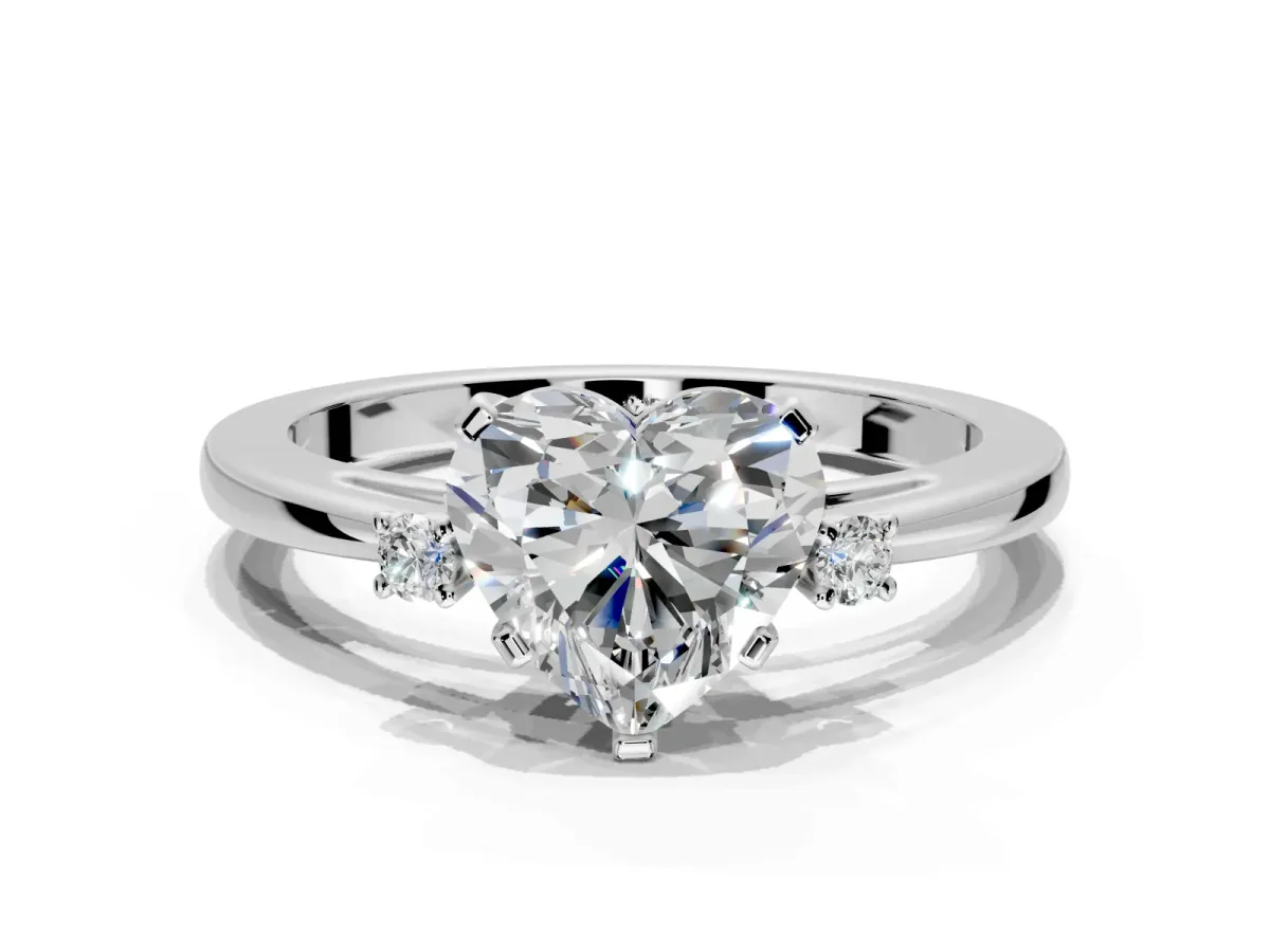 3 Stone Engagement Ring Setting for Heart-Shaped Center with Low-Set Round Cut Accents and Prong Head in Sterling Silver