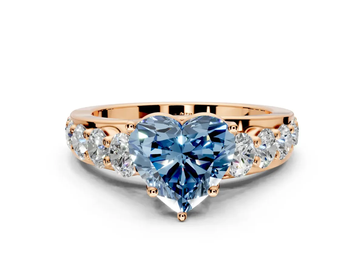 Solitaire Engagement Ring Setting for Fancy Blue Heart-Shaped Center with Graduated Shared Prongs and Prong Head in Rose Gold