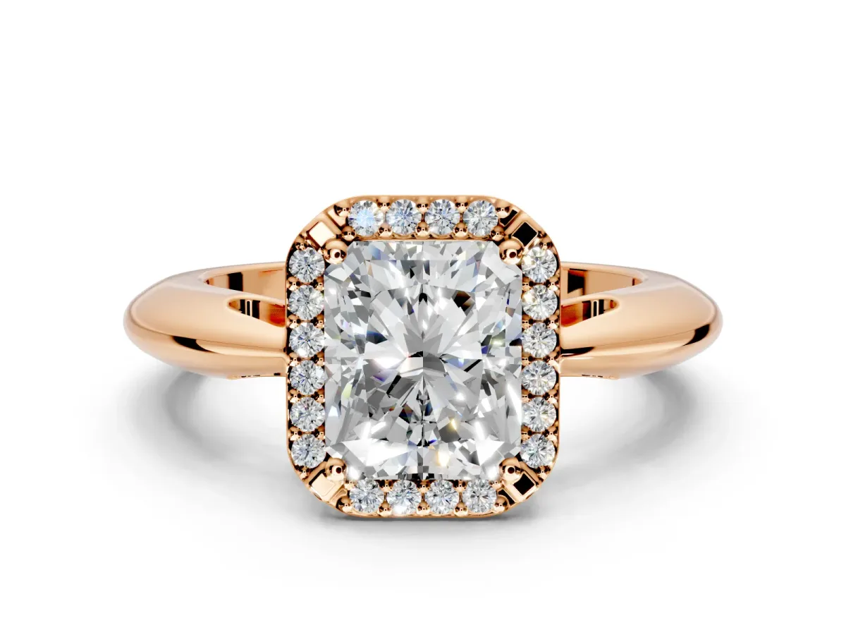 Halo Engagement Ring Setting for Radiant Cut Center with Tapered Plain Band and Prong Head in Rose Gold