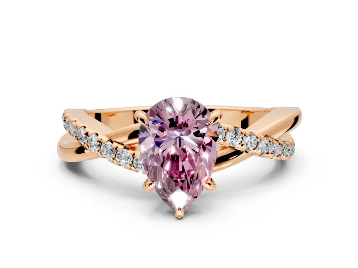 Crossover Engagement Ring Setting for Fancy Pink Pear-Shaped Center with Pave and Plain Strands and Prong Head in Rose Gold