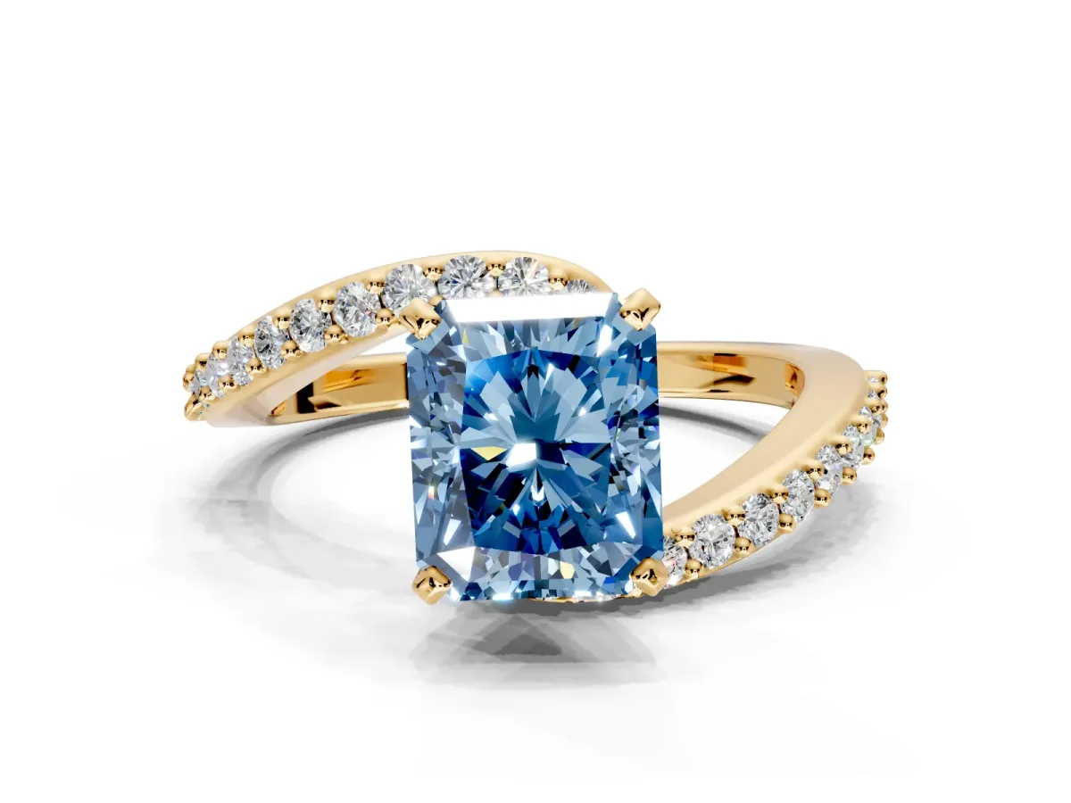 Solitaire Engagement Ring Setting for Fancy Blue Radiant Cut Center with Pave Bypass Swirl Band and Prong Head in Yellow Gold