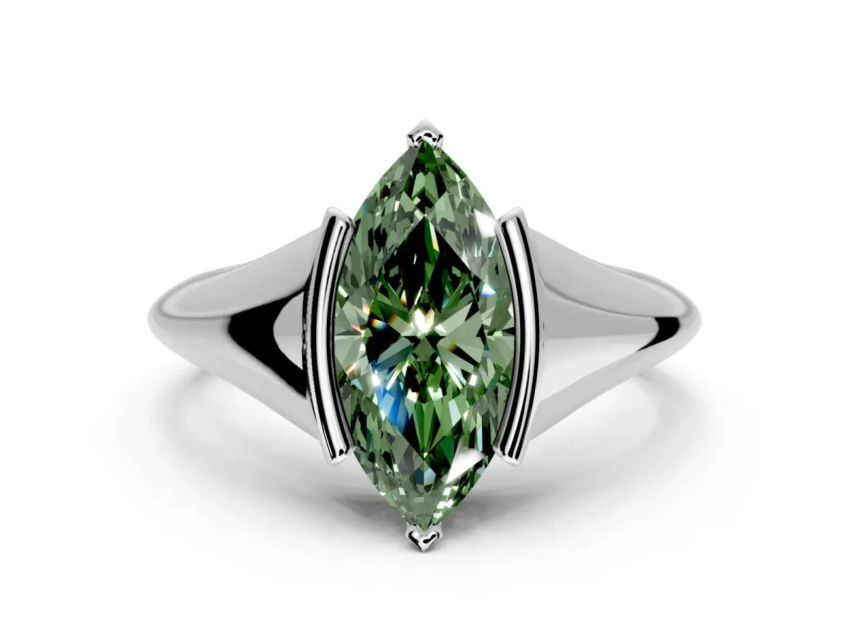 Tension Engagement Ring Setting for Fancy Green Marquise Center with Wide Tapered Band and Tension Head in Platinum