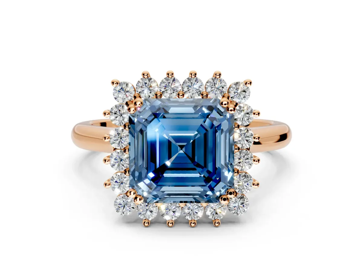 Starburst Halo Engagement Ring Setting for Fancy Blue Asscher Cut Center with Thin Round-Wire Band and Prong Head in Rose Gold