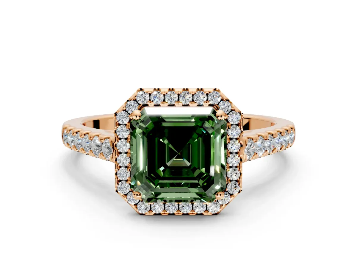 Halo Engagement Ring Setting for Fancy Green Asscher Cut Center with Narrowing Pave Band and Prong Head in Rose Gold