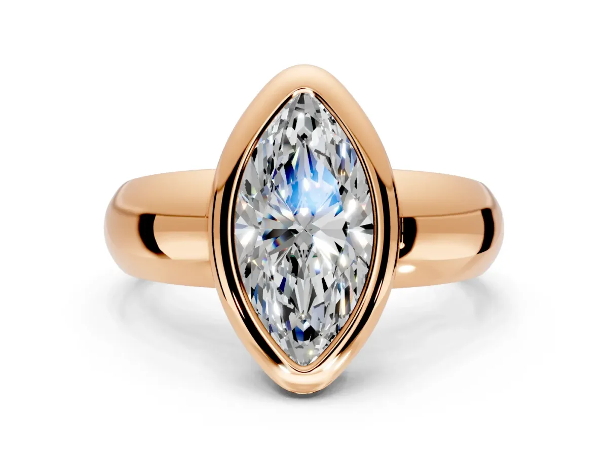 Solitaire Engagement Ring Setting for Marquise Center with Wide Band and Bezel Head in Rose Gold