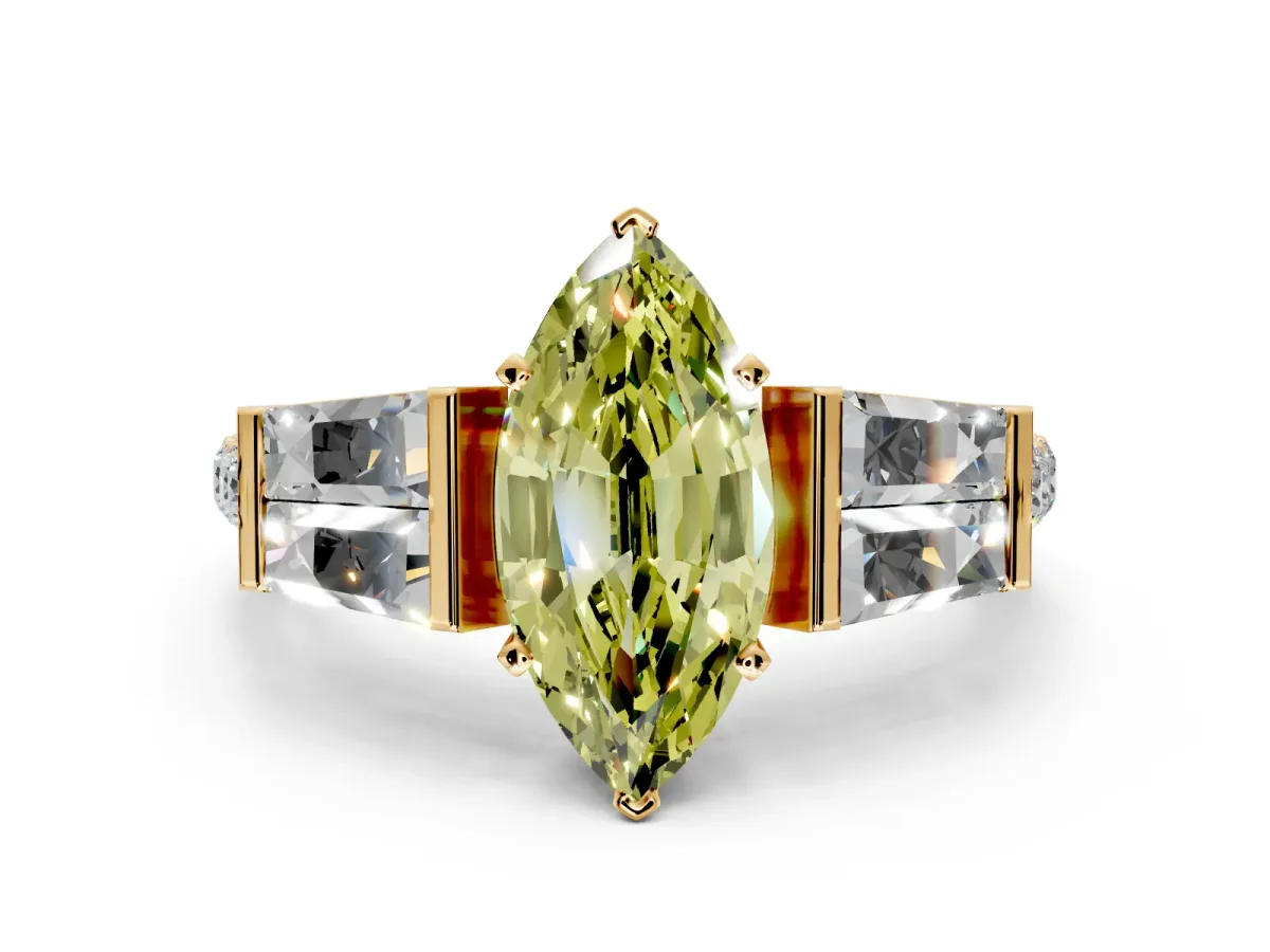 Channel-Set Engagement Ring Setting for Fancy Yellow Marquise Center with Baguette Band and Prong Head in Yellow Gold