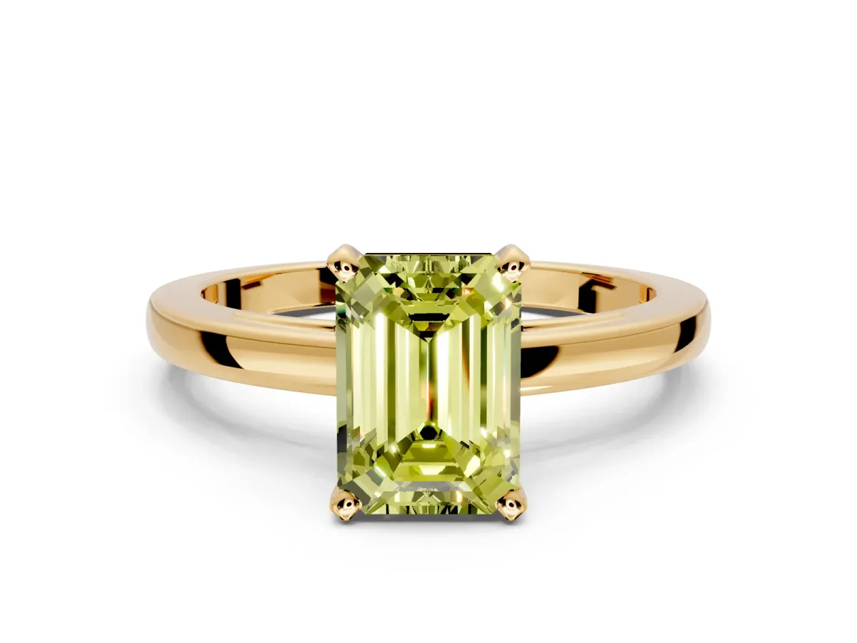 Solitaire Engagement Ring Setting for Fancy Yellow Emerald Cut Center with Basket Rail and Prong Head in Yellow Gold