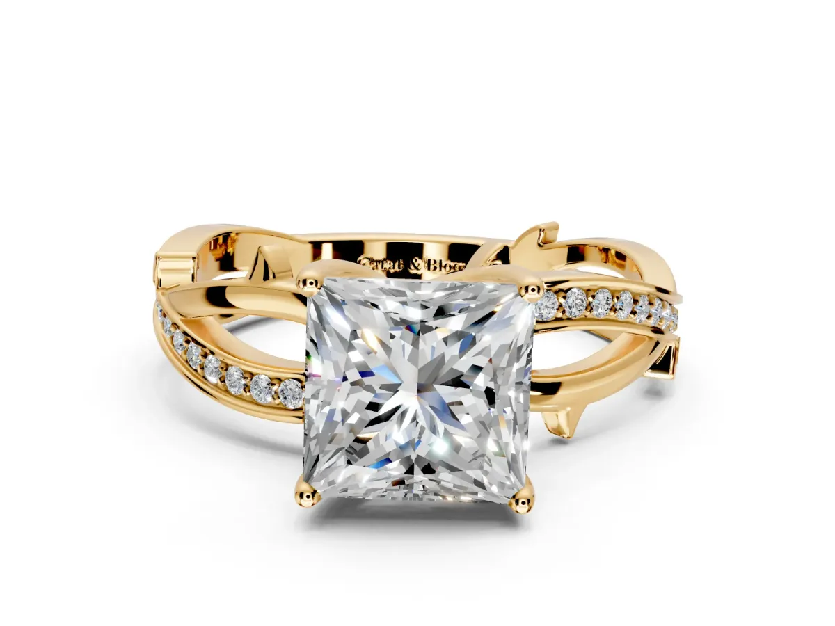 Solitaire Engagement Ring Setting for Princess Cut Center with Pave and Plain Crossover Band and Prong Head in Yellow Gold