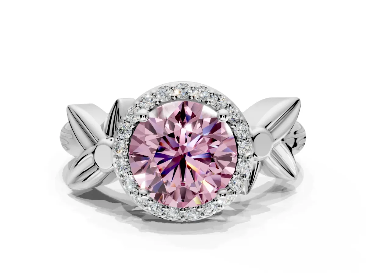 Halo Engagement Ring Setting for Fancy Pink Round Cut Center with Floral Band and Prong Head in Platinum