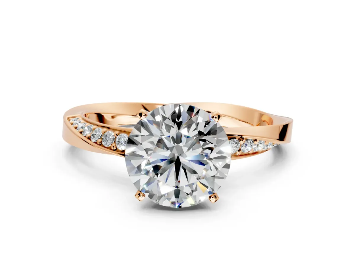 Side Accent Engagement Ring Setting for Round Cut Center with Accent Shoulders and Prong Head in Rose Gold
