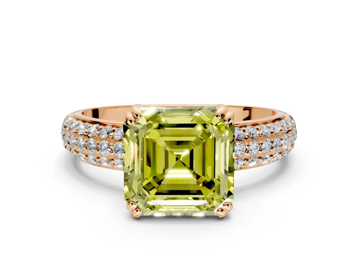 Solitaire Engagement Ring Setting for Fancy Yellow Asscher Cut Center with Multi-Row Pave Accents and Basket Head in Rose Gold