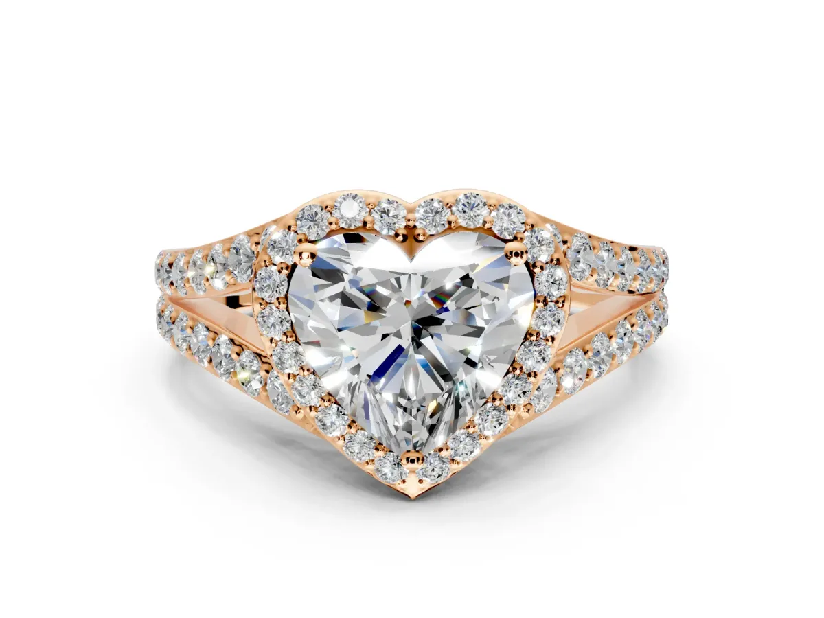 Halo Engagement Ring Setting for Heart-Shaped Center with Narrow Pave Split Shank and Prong Head in Rose Gold