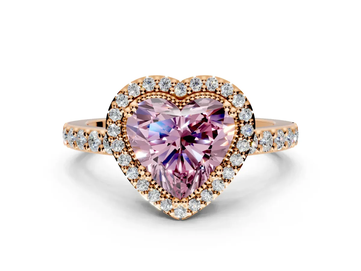 Halo Engagement Ring Setting for Fancy Pink Heart-Shaped Center with Inner Milgrain Border and Prong Head in Rose Gold