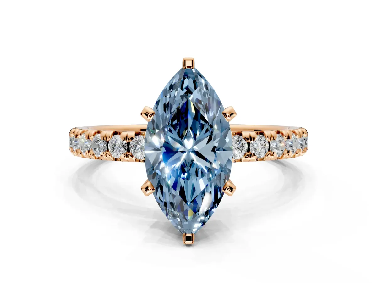 Solitaire Engagement Ring Setting for Fancy Blue Marquise Center with Large Accents and Prong Head in Rose Gold