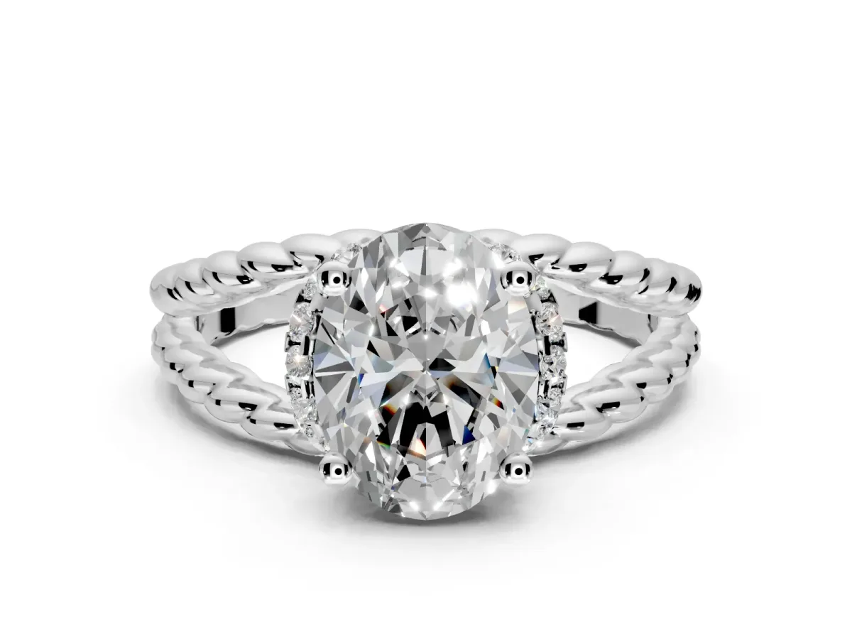 Halo Engagement Ring Setting for Oval Center with Rope Twist Split Shank and Prong Head in Platinum