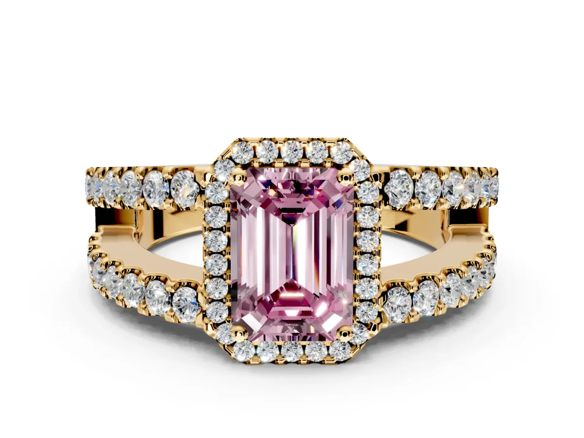 Halo Engagement Ring Setting for Fancy Pink Emerald Cut Center with Wide-Open Pave Split Shank and Prong Head in Yellow Gold