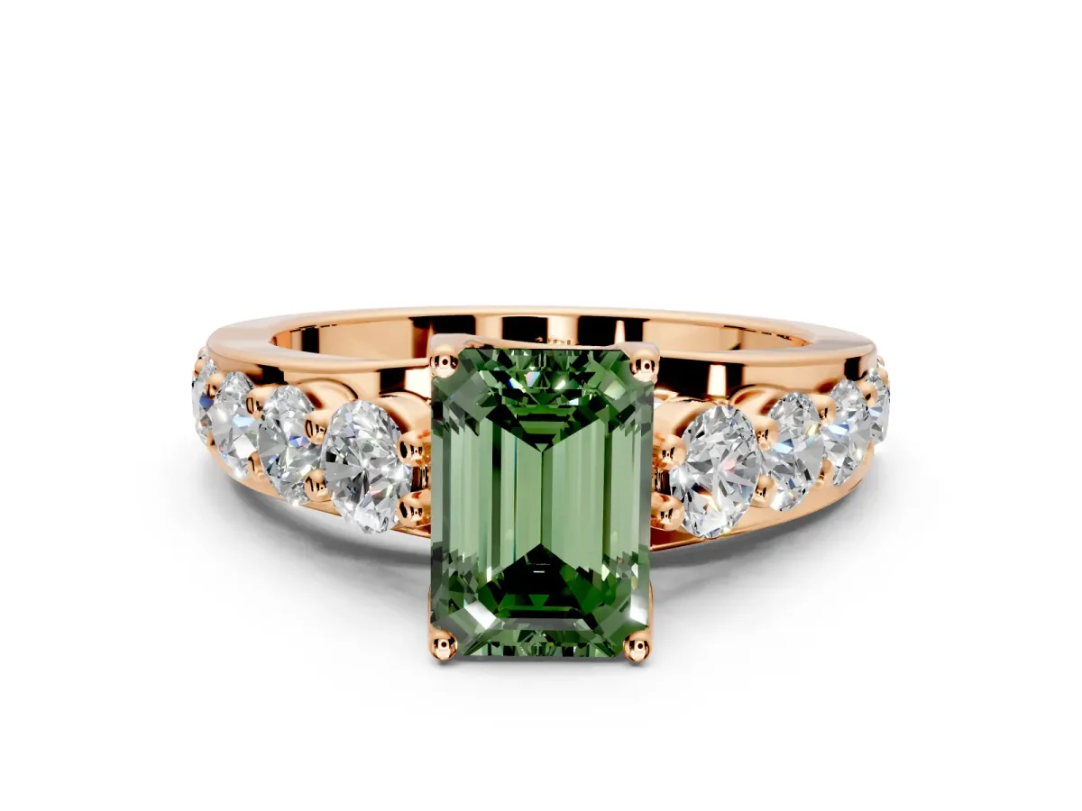 Solitaire Engagement Ring Setting for Fancy Green Emerald Cut Center with Graduated Shared Prongs and Prong Head in Rose Gold