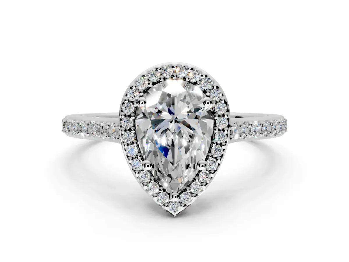 Halo Engagement Ring Setting for Pear-Shaped Center with Pave Accents, Heart Basket and Prong Head in Platinum