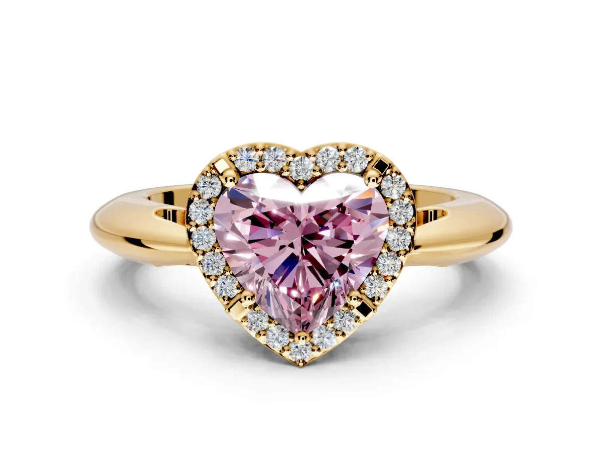 Halo Engagement Ring Setting for Fancy Pink Heart-Shaped Center with Tapered Plain Band and Prong Head in Yellow Gold